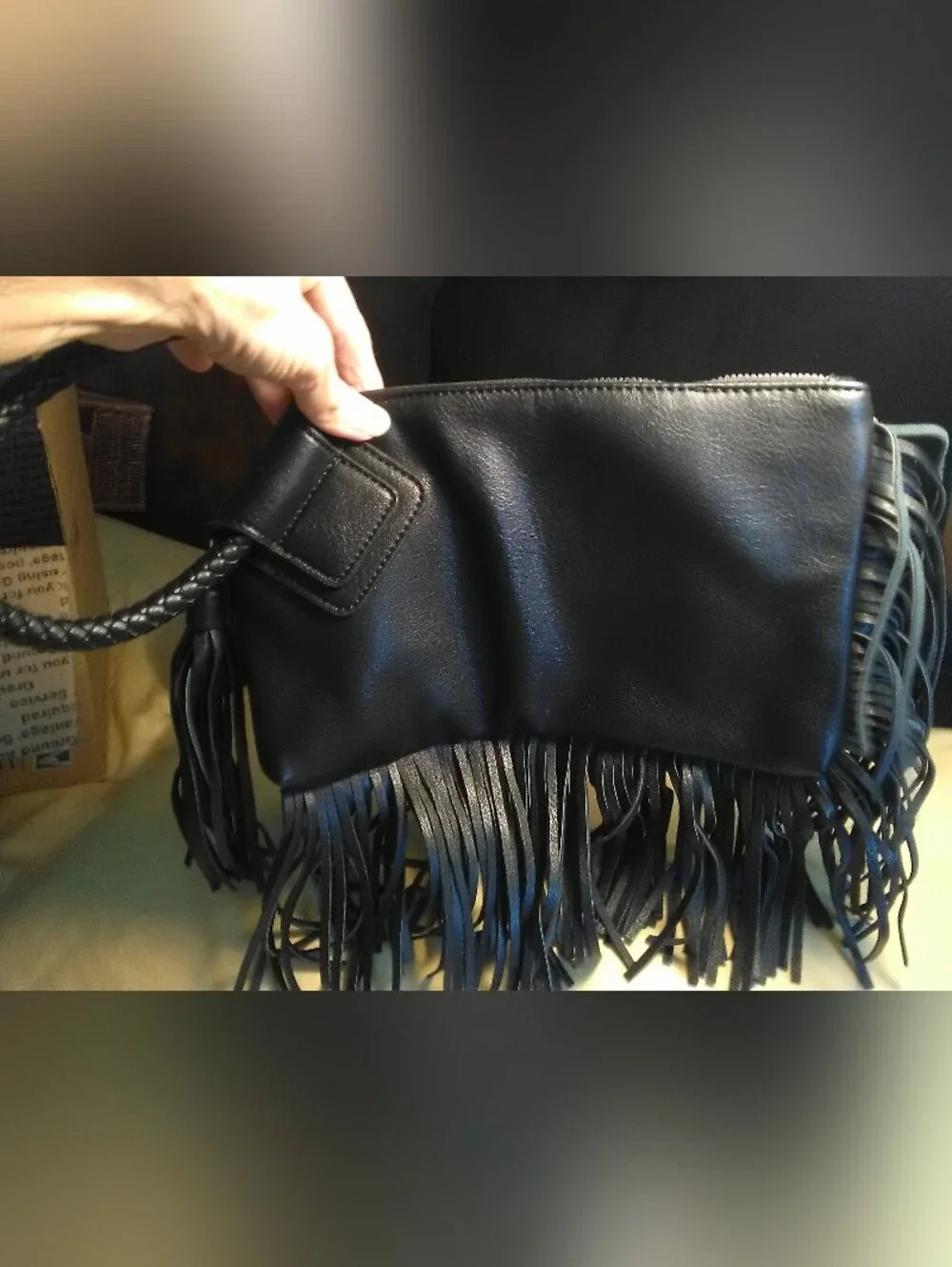 NWOT FASHION Black Fringe VEGAN LEATHER HANDBAG  FRINGY BRAIDED ROUND STRAP